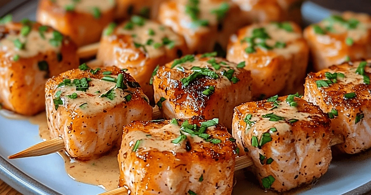 Crispy Bang Bang Salmon Bites skewered for serving