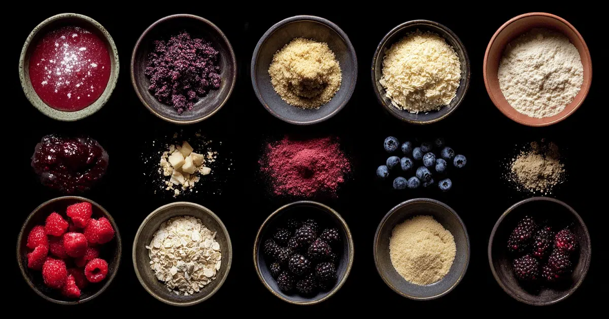 Wild Berry Jam Crumble Bars ingredients in bowls