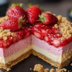Berrylicious Strawberry Crunch Cheesecake slice with fruit glaze and crumble topping