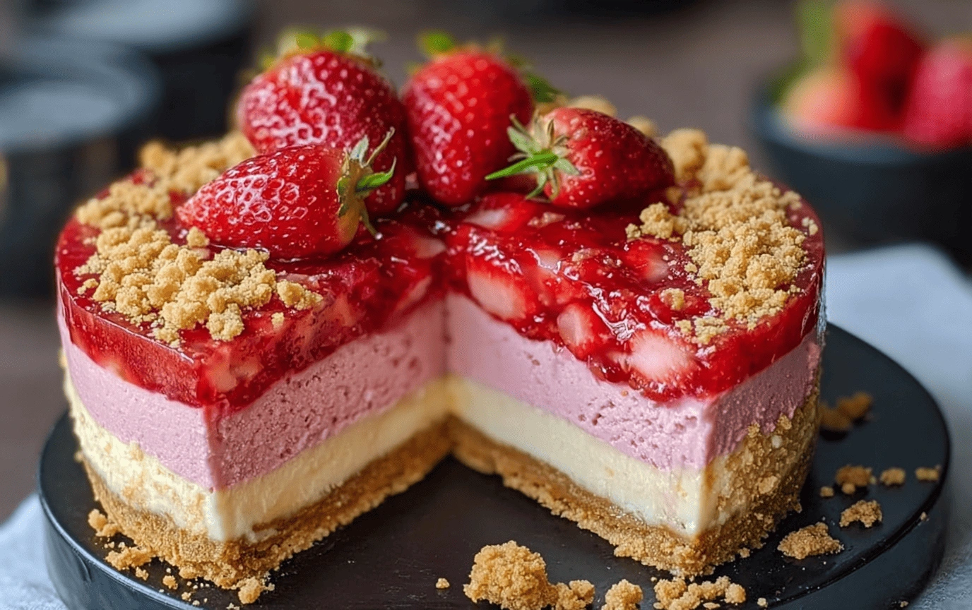 Berrylicious Strawberry Crunch Cheesecake slice with fruit glaze and crumble topping