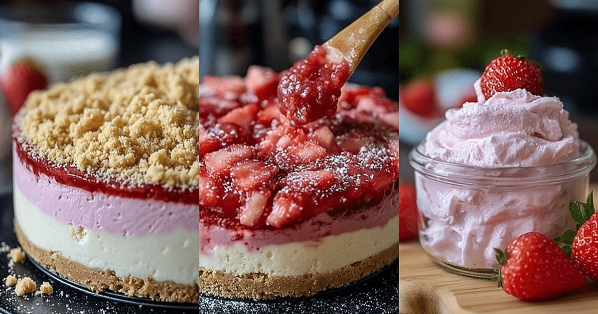 Berrylicious Strawberry Crunch Cheesecake with layered mousse, fruit glaze, and whipped strawberry topping in preparation stages