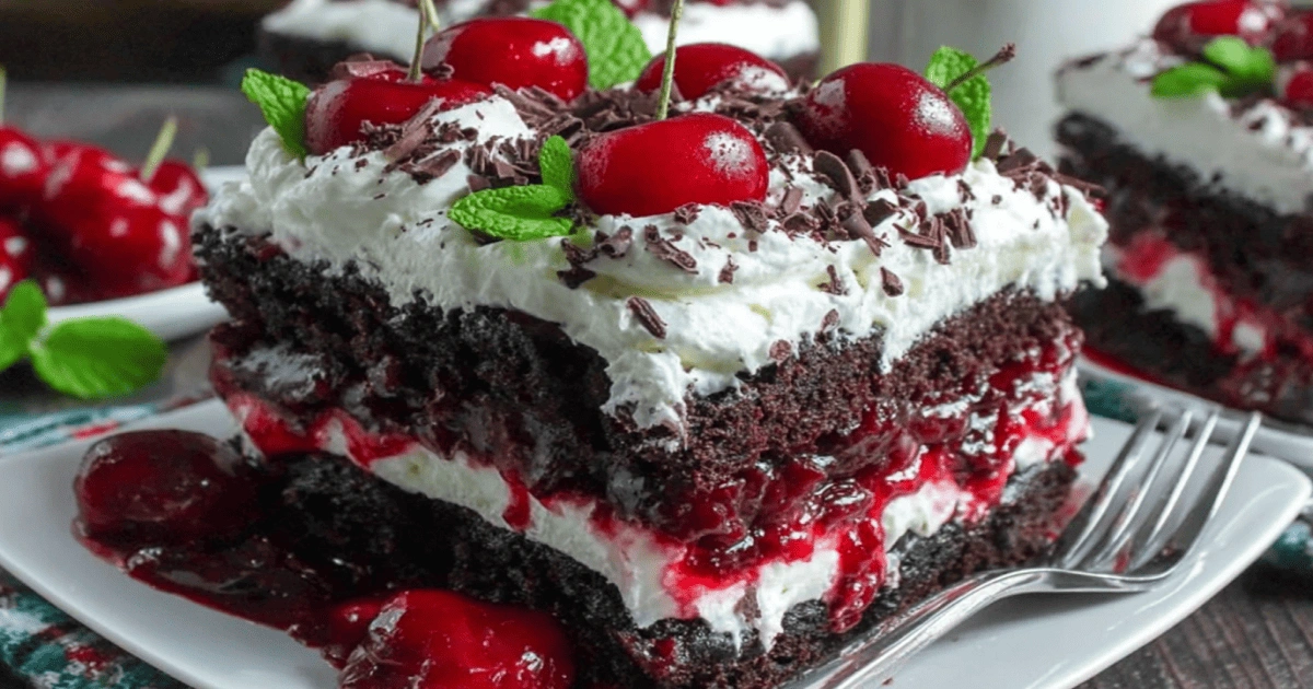 Party-ready Black Forest poke cake slice