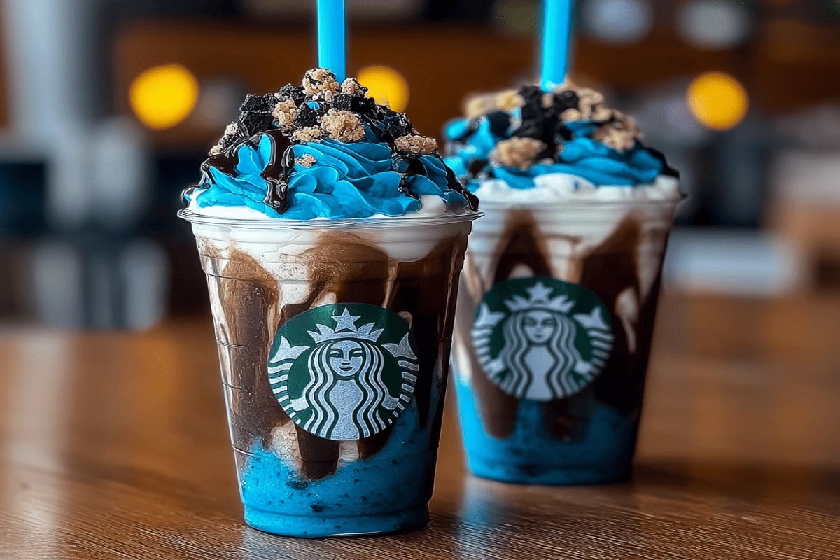 Blue Cookies & Cream Dip Frappuccinos topped with whipped cream, crushed cookies, and chocolate drizzle in Starbucks-style cups