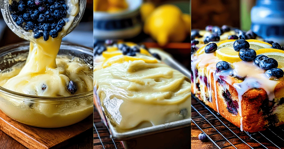 Step-by-step of blueberry lemon yogurt loaf cake with batter, glaze, and final baked loaf