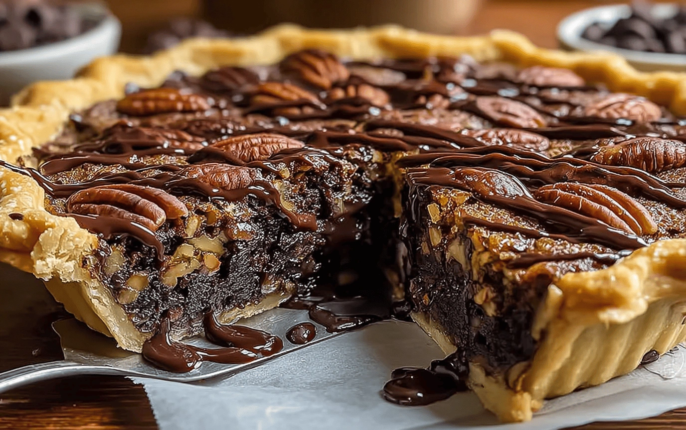 Brownie Pecan Pie sliced after baking with visible gooey layers and pecan topping