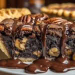 Gooey Brownie Pecan Pie slice with flaky crust