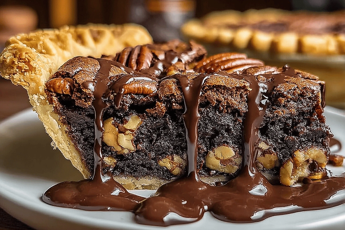 Gooey Brownie Pecan Pie slice with flaky crust