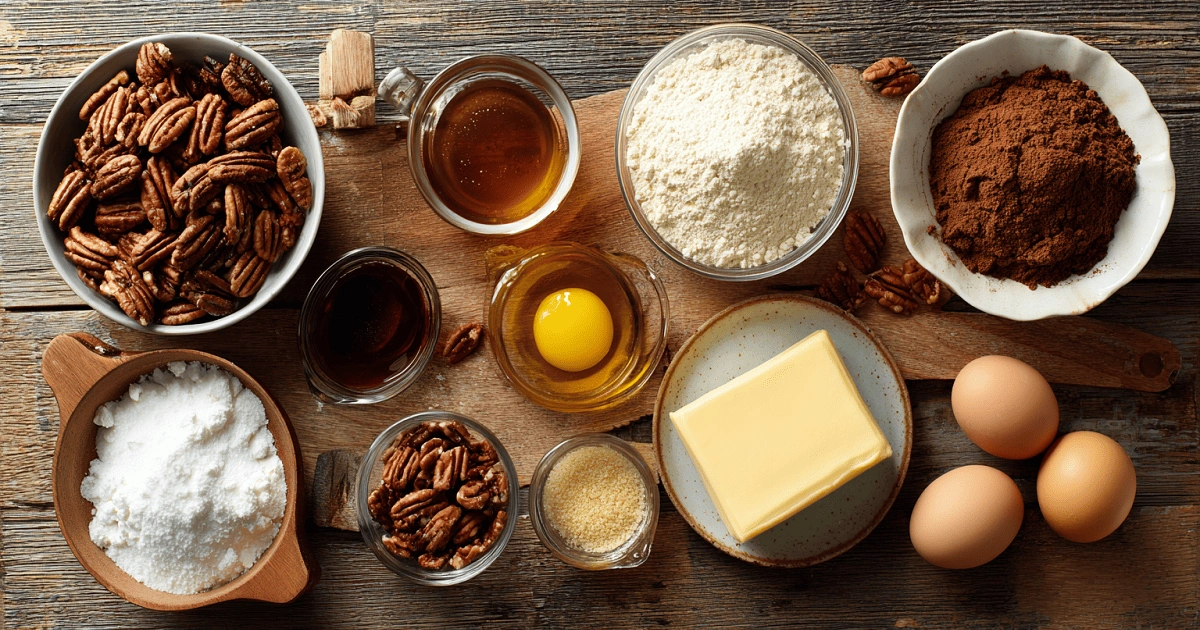 Brownie Pecan Pie ingredients flat lay