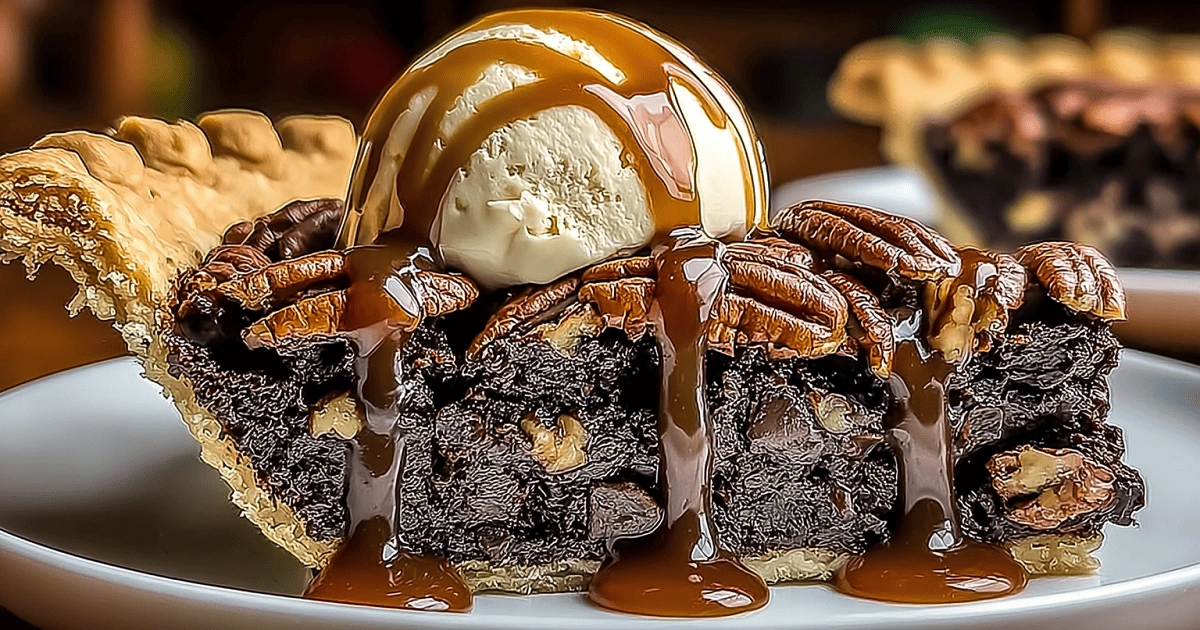 Brownie Pecan Pie served with ice cream and caramel