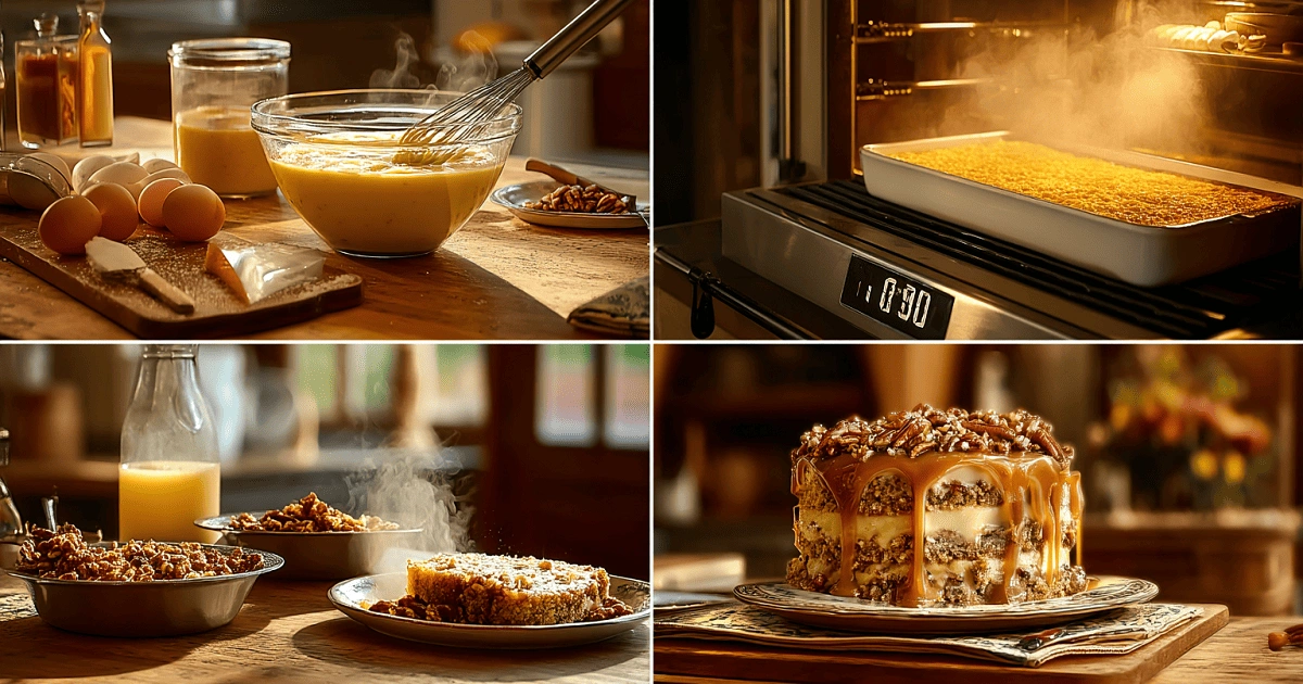 Step-by-step process of making caramel crunch cake including batter preparation, baking, crunchy topping, and finished layered cake with caramel drizzle