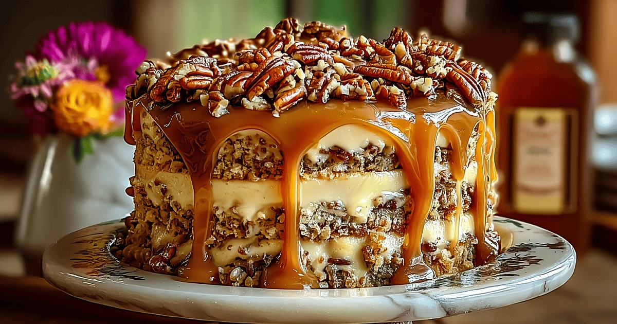 Decorated caramel crunch cake on marble cake stand
