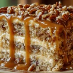 Caramel Crunch Cake slice with caramel drizzle and crunchy topping