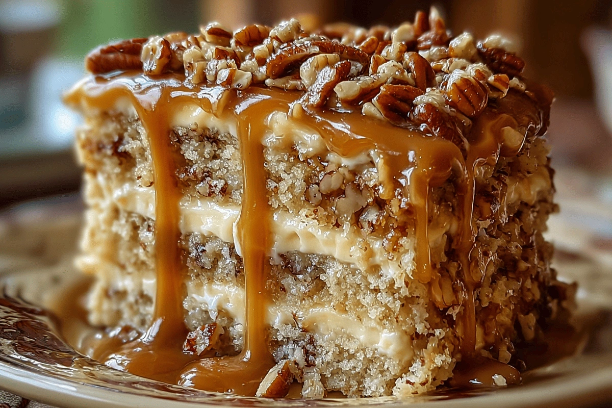 Caramel Crunch Cake slice with caramel drizzle and crunchy topping