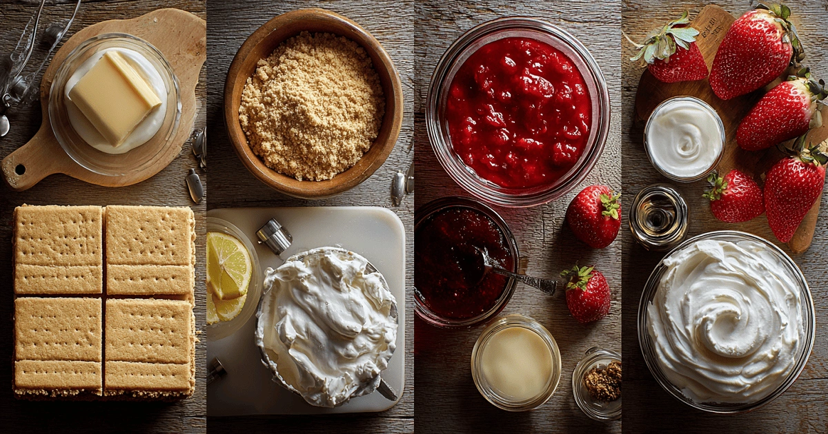  Ingredients for Berrylicious Strawberry Crunch Cheesecake laid out on white background