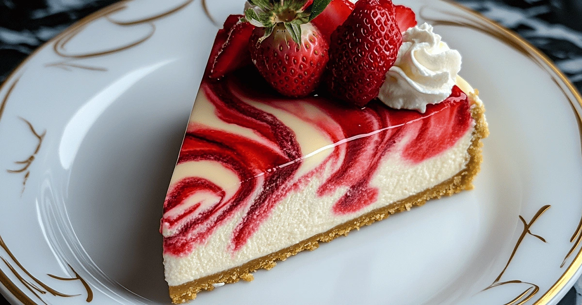 garnished strawberry swirl cheesecake