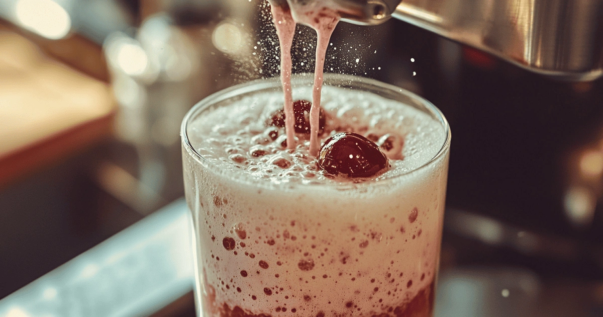 Frothing cherry cold foam for Iced Cherry Chai Latte
