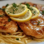 Chicken Scallopini with Lemon Butter Sauce plated with pasta