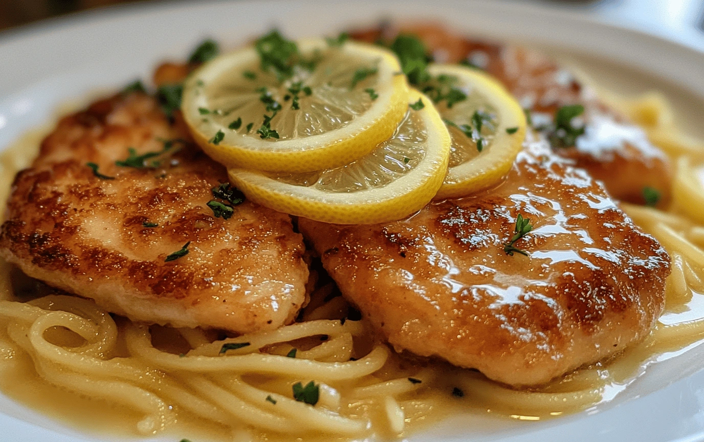 Chicken Scallopini with Lemon Butter Sauce plated with pasta
