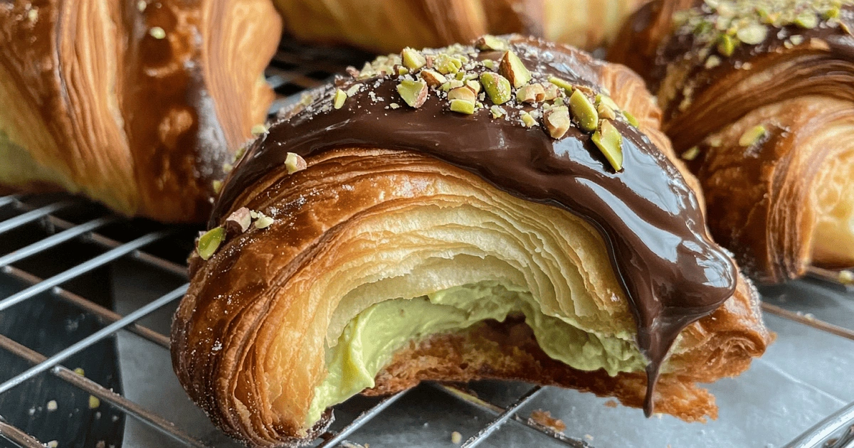  Chocolate-dipped pistachio cream croissants