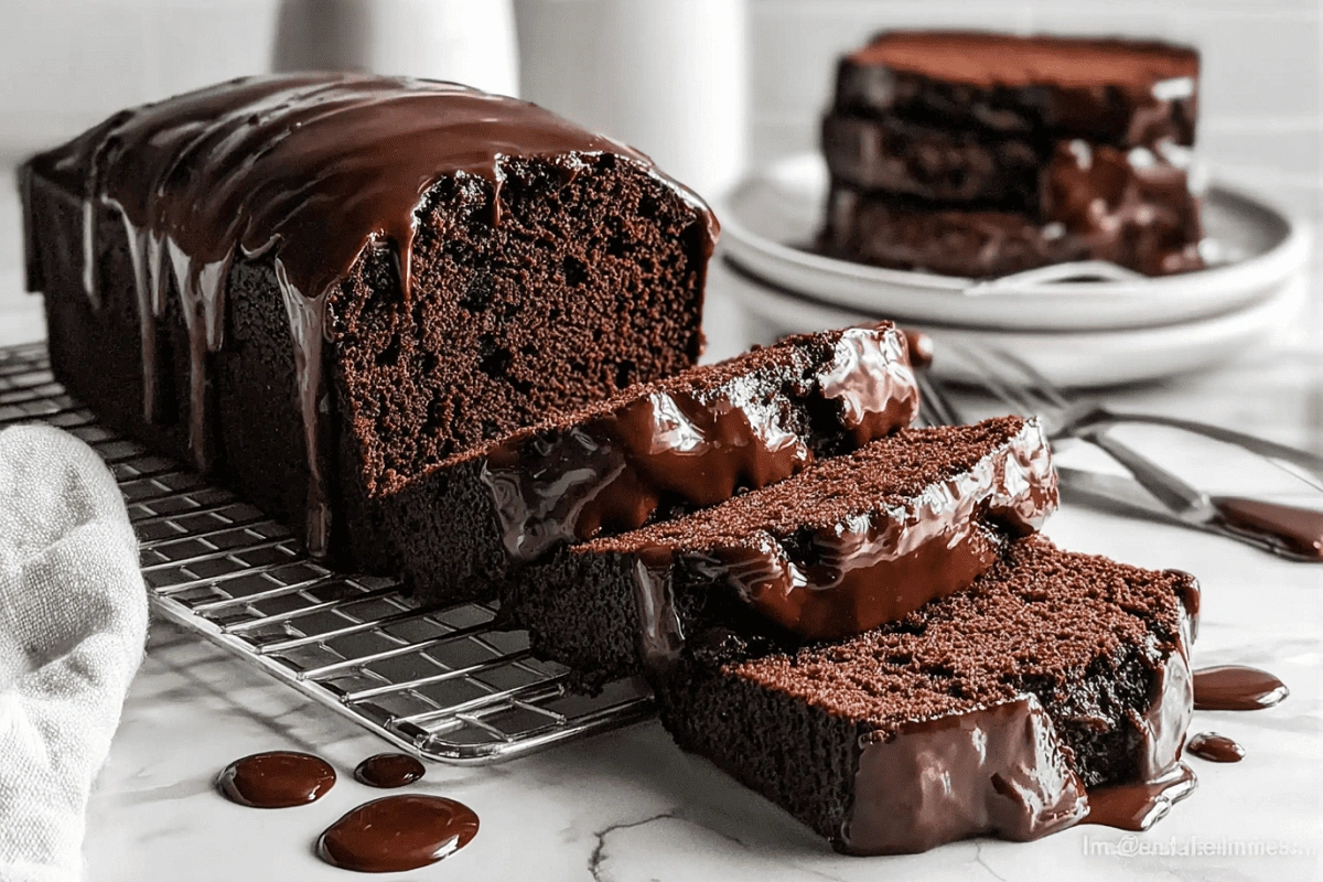 Moist chocolate pound cake with glossy ganache glaze sliced on a cooling rack
