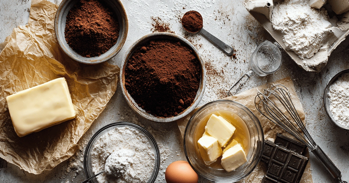 Top view of chocolate pound cake ingredients including cocoa powder, butter, flour, eggs, and chocolate