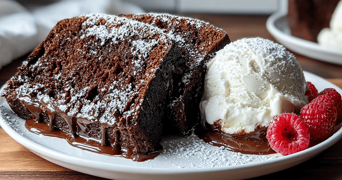 Chocolate pound cake slice with vanilla ice cream