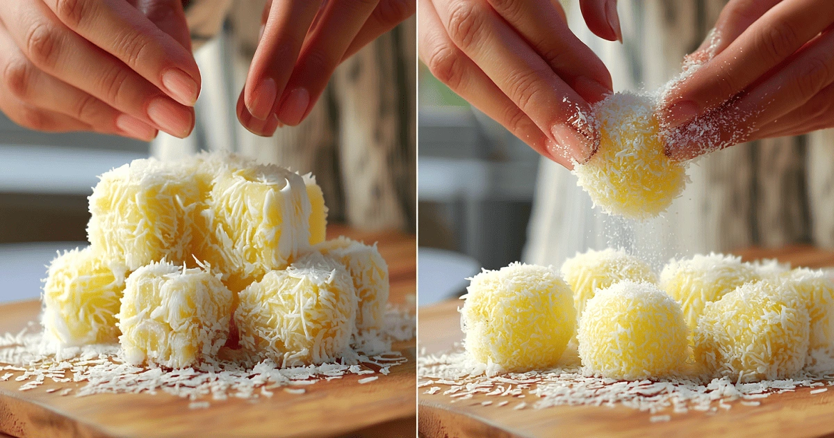 Coating Coconut Pineapple Bites in coconut mixture