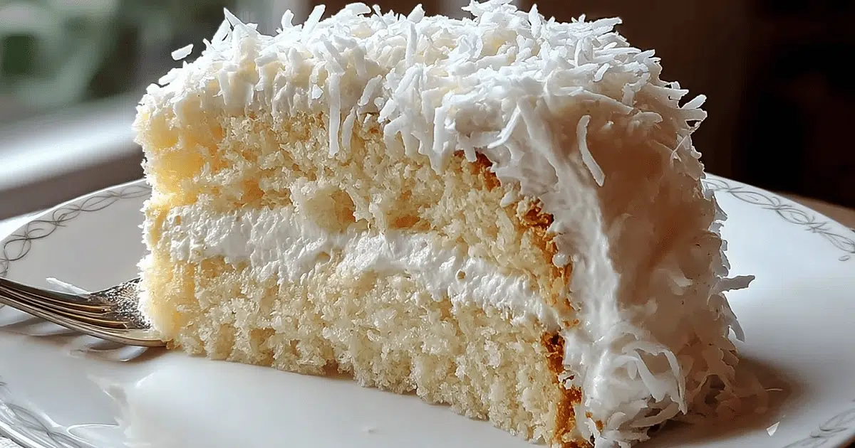 A slice of Coconut Cloud Cake showing airy layers