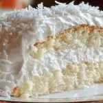 Moist slice of Coconut Cloud Cake with whipped frosting and coconut curls