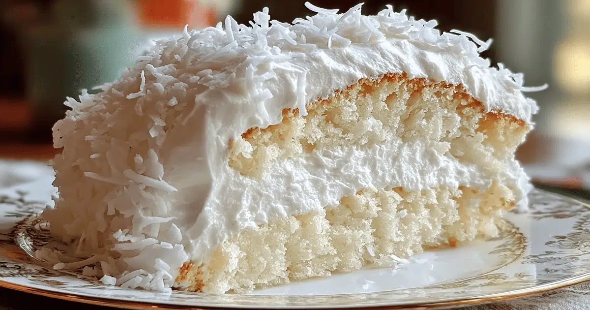 Moist slice of Coconut Cloud Cake with whipped frosting and coconut curls
