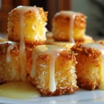 Close-up of Coconut Pineapple Bites with shredded coconut and cream drizzle