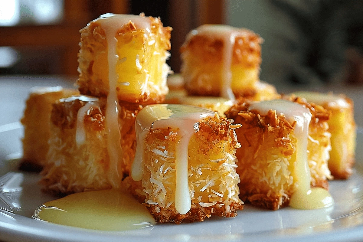 Close-up of Coconut Pineapple Bites with shredded coconut and cream drizzle