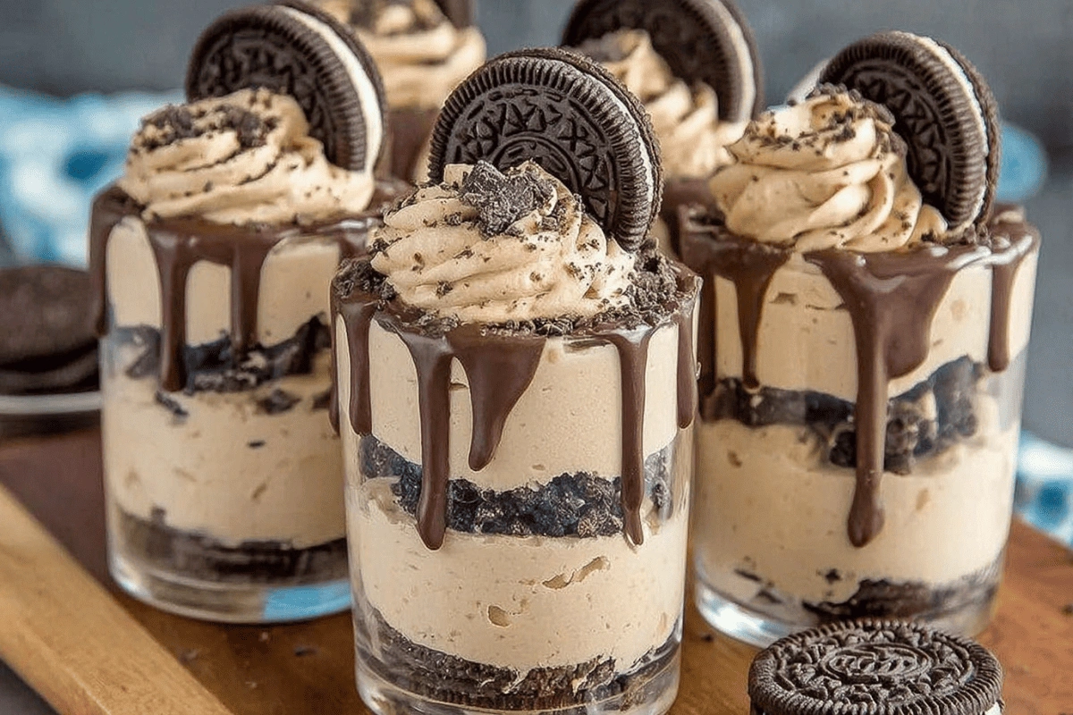 Cookies and cream mousse cups in glass jars with Oreo topping