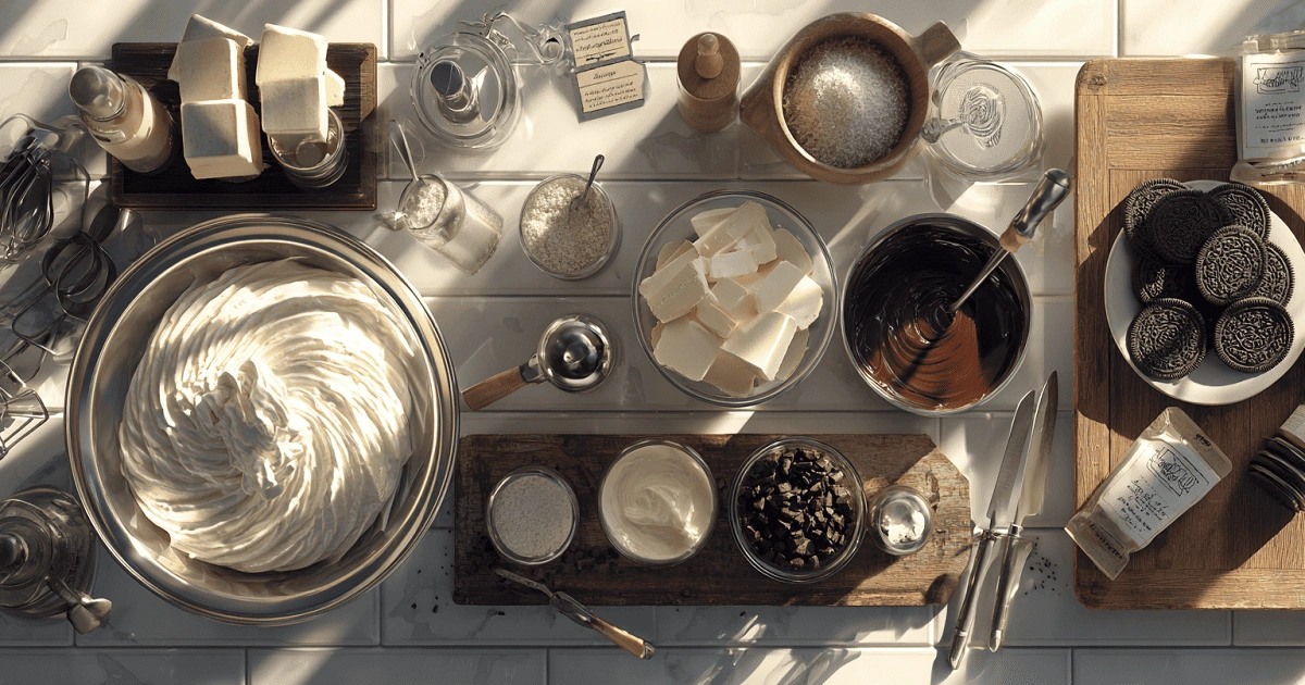 Ingredients for cookies and cream mousse cups including whipped cream, Oreos, butter, chocolate, and cream cheese