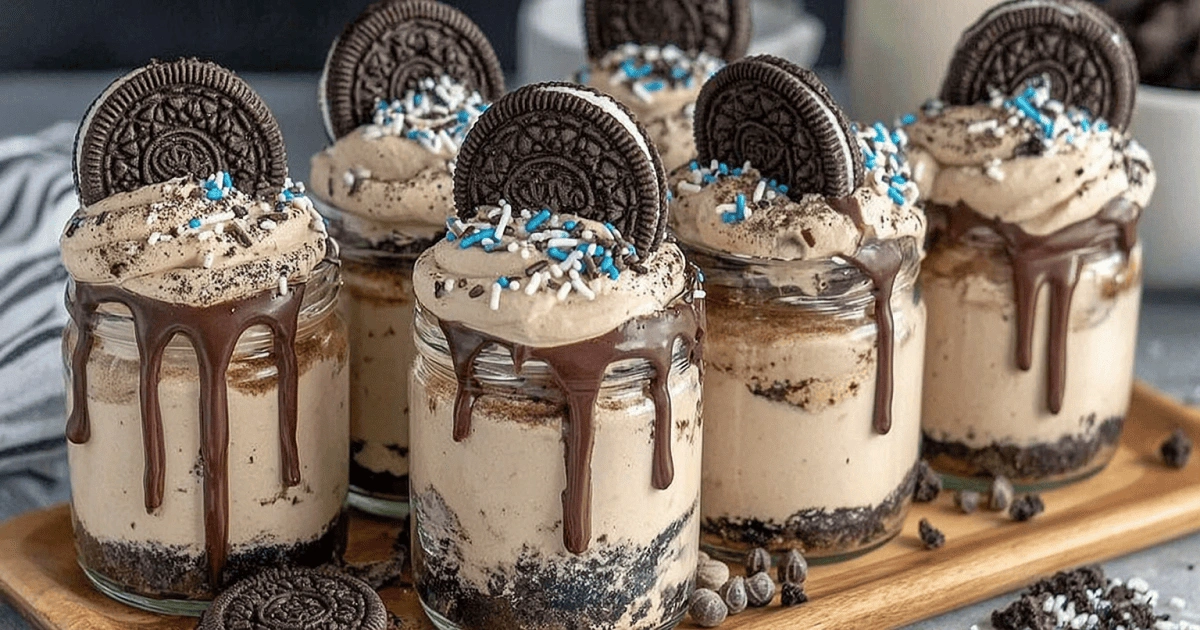 Cookies and cream mousse cups displayed for party