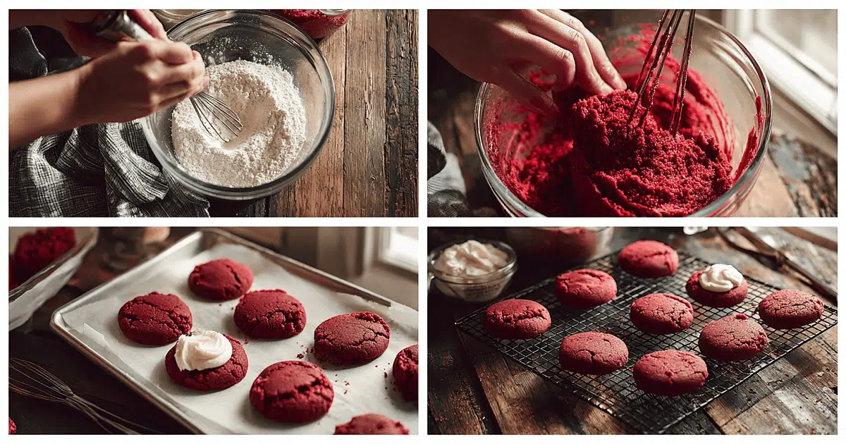 4-step collage of red velvet cookie process with cream cheese filling