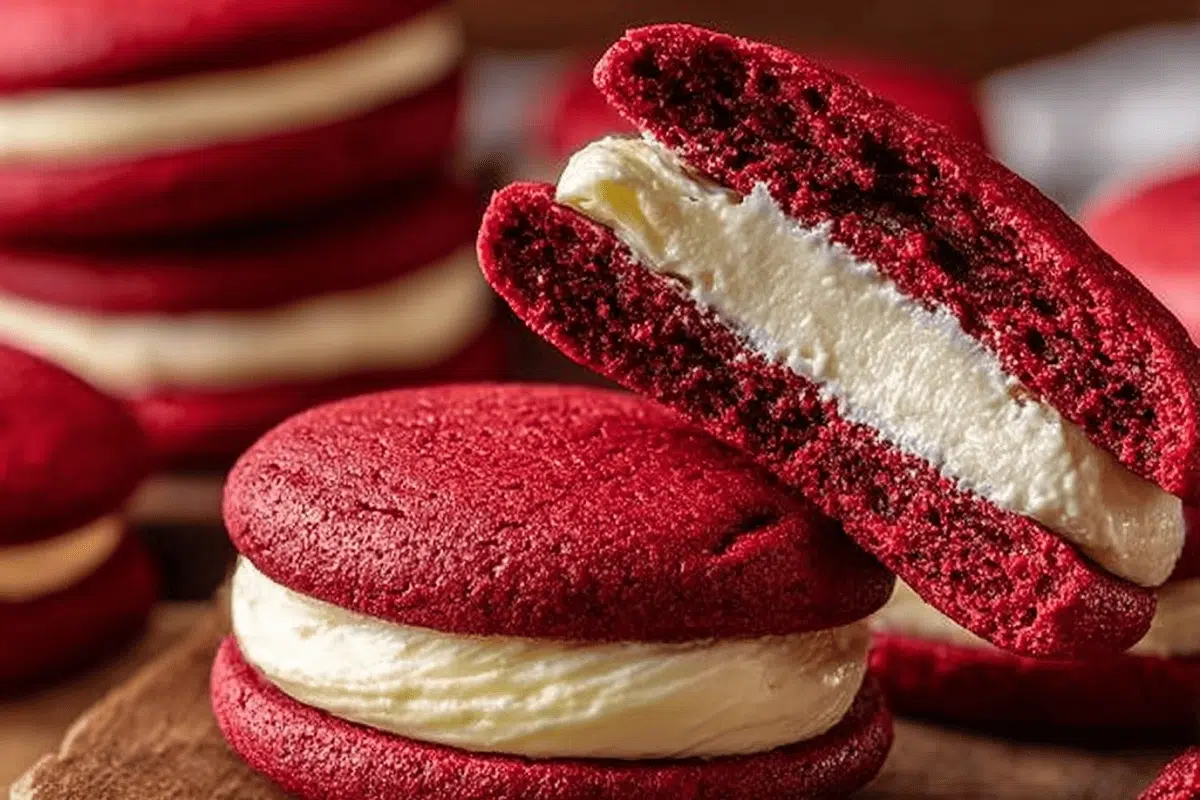 Cream cheese filled red velvet cookies close up