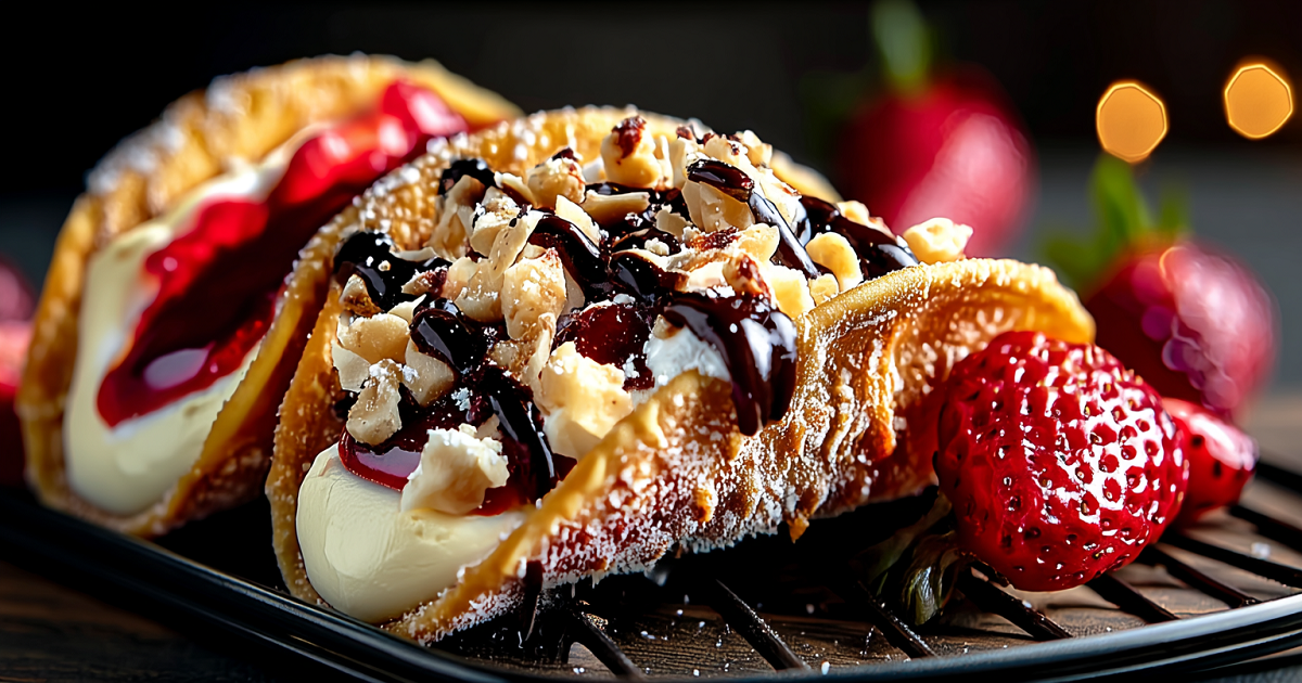 Strawberry cheesecake dessert tacos topped with chopped nuts and chocolate drizzle, served on a dark plate with fresh strawberries
