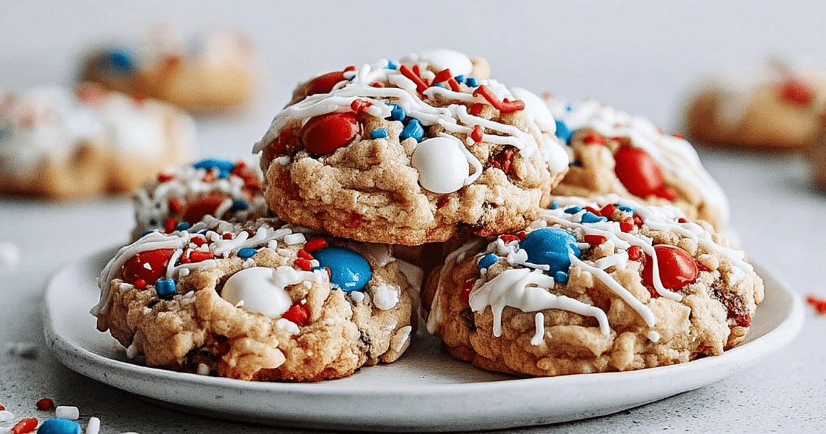Decorated 4th of July Monster Cookies with festive toppings