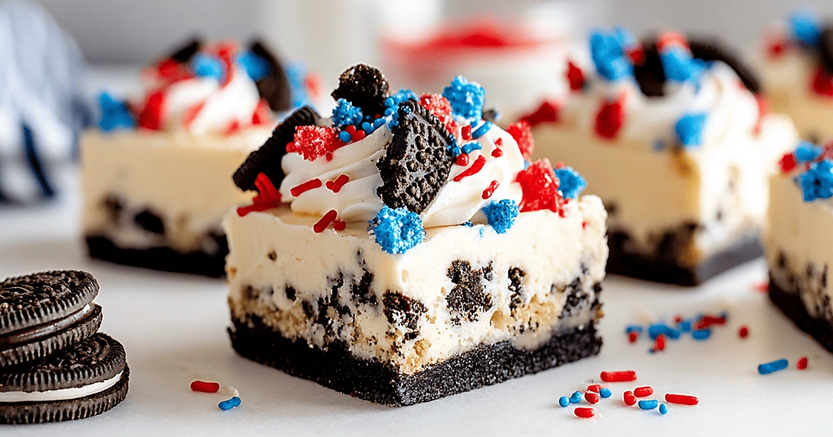 Decorated No-Bake Fireworks Oreo Cheesecake Bars with toppings