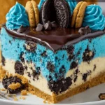 delicious cookie monster cheesecake with Oreos and frosting swirls