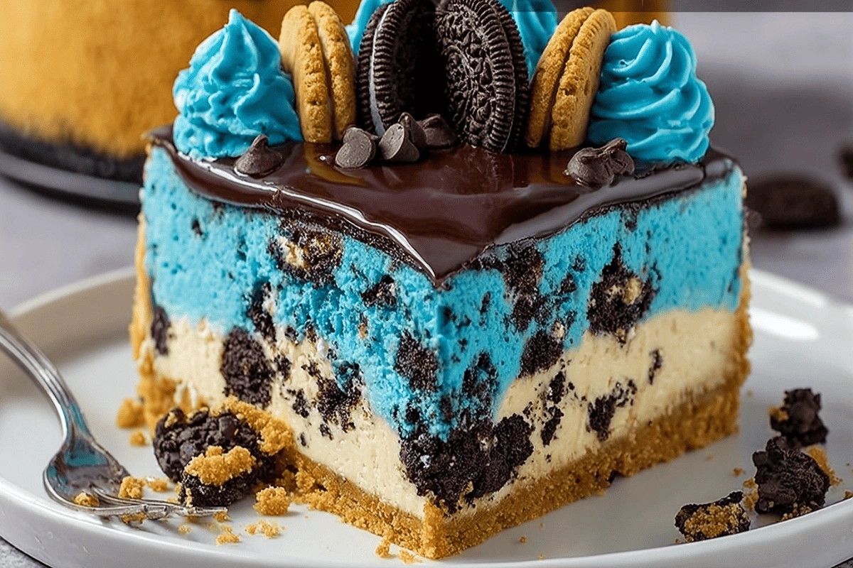 delicious cookie monster cheesecake with Oreos and frosting swirls