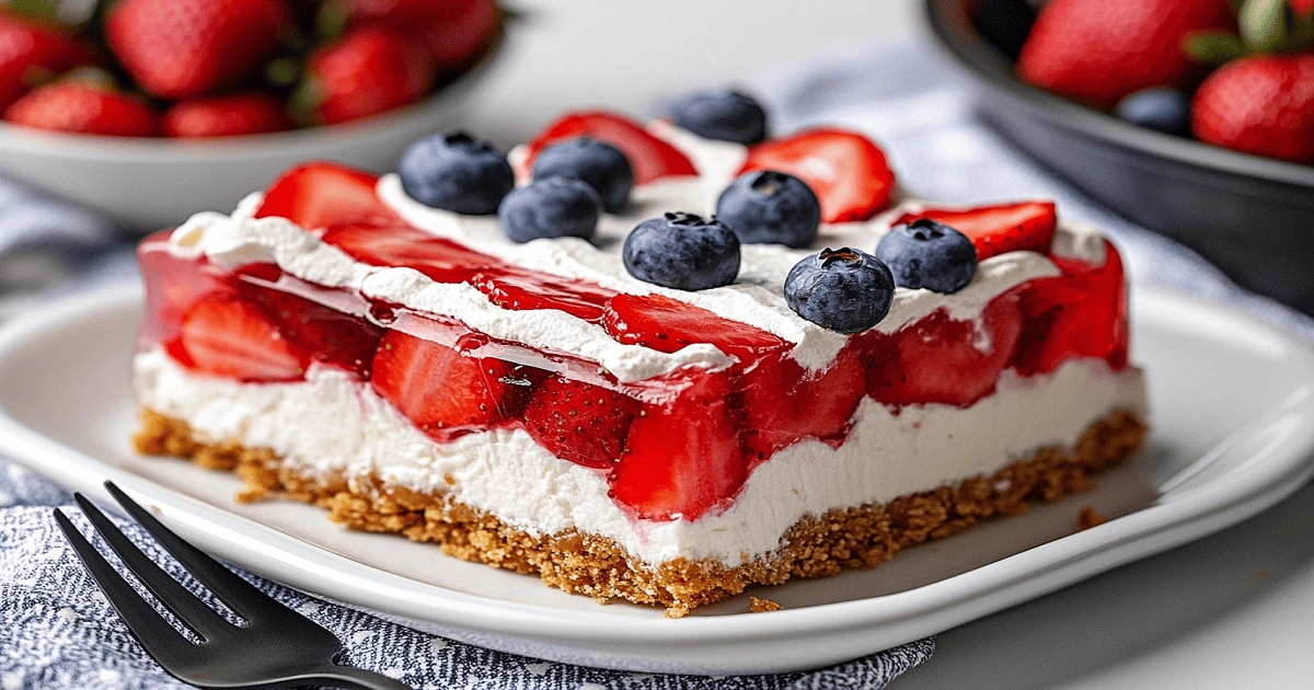 Sliced American Flag Strawberry Pretzel Salad on plate