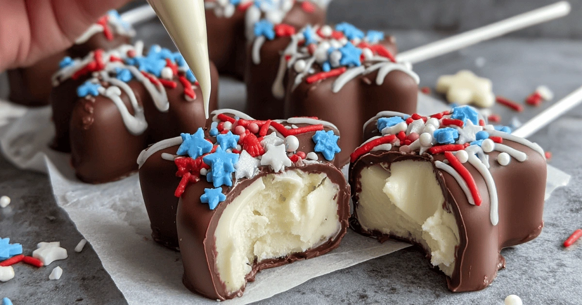 Close-up of Fourth of July Cheesecake Pops being decorated with white chocolate and patriotic sprinkles