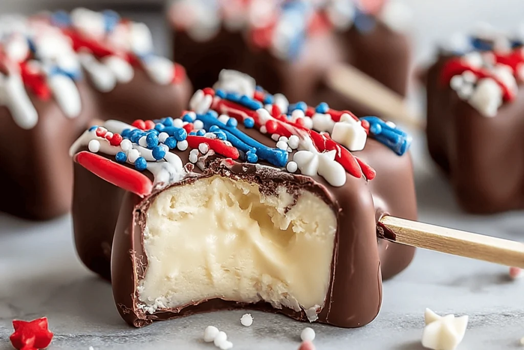 Fourth of July Cheesecake Pops with patriotic drizzle