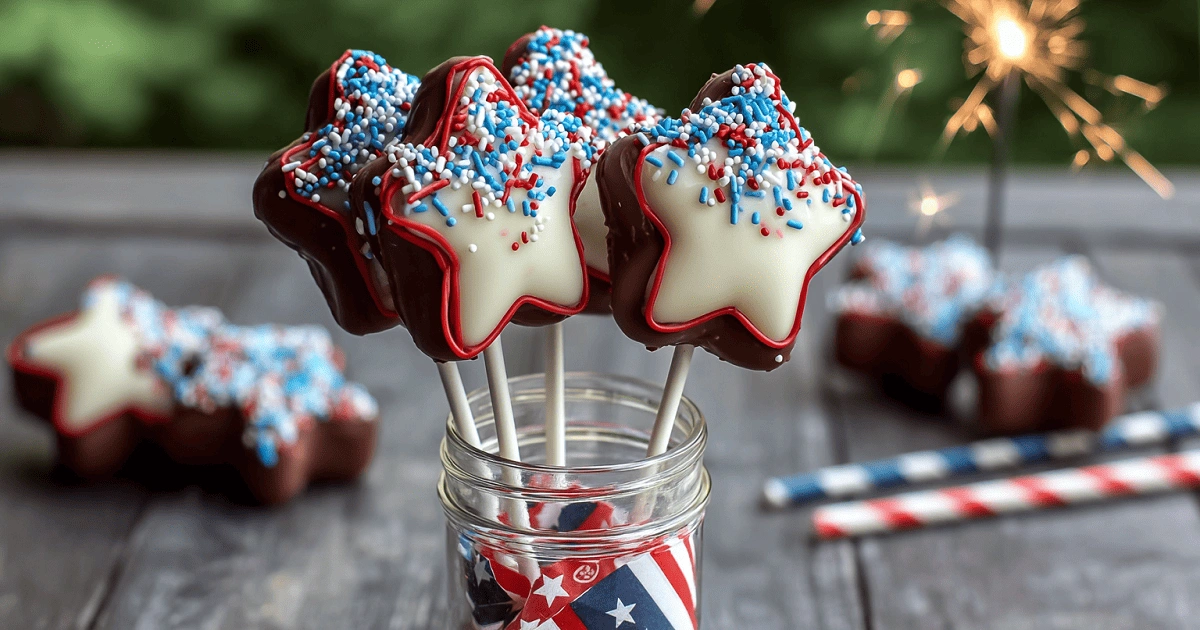 Star-shaped Fourth of July Cheesecake Pops with sprinkles displayed in a patriotic mason jar with sparklers in the background