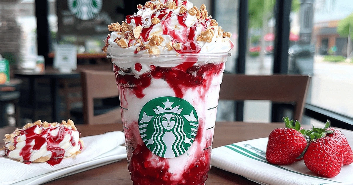 strawberry frappuccino served with whipped topping