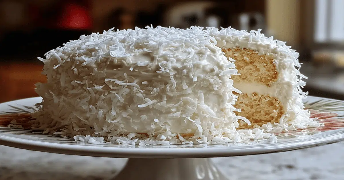 Frosted Coconut Cloud Cake decorated with coconut curls