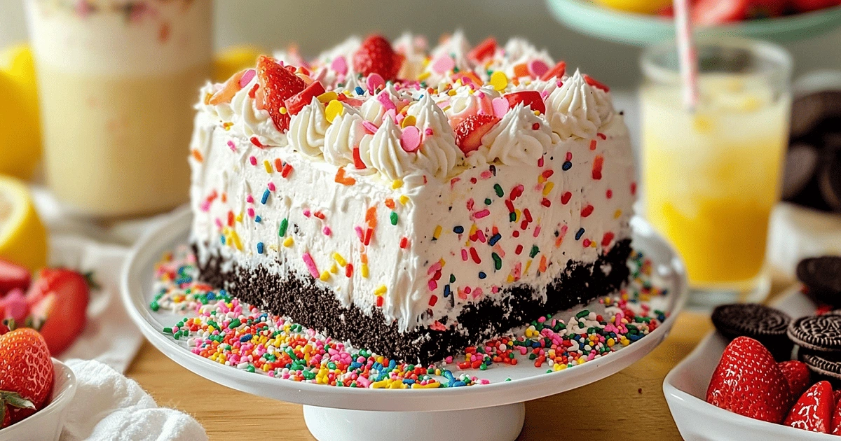 Funfetti Oreo icebox cake on a party dessert table