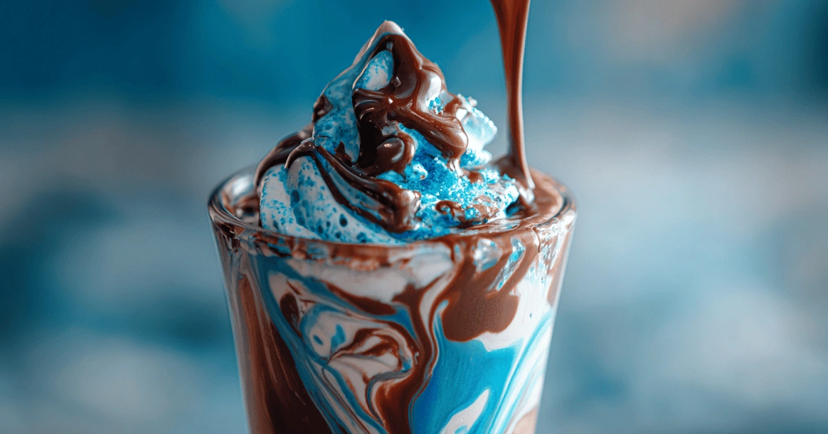 Swirling chocolate and blue cookie dip inside a frappuccino glass